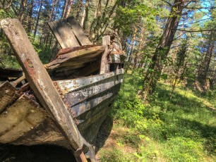Immer wieder findet sich ein Fischerboot im Wald